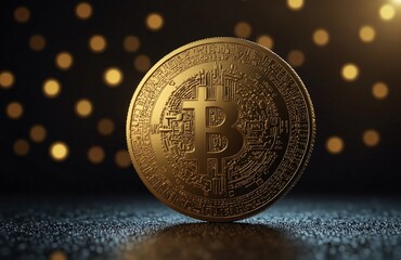 In a shimmering digital realm, a dazzling 3D golden coin bearing intricate binary code patterns hovers ominously. This futuristic finance concept is brought to life with stunning realism, as the coin 