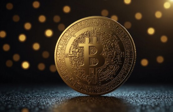 In a shimmering digital realm, a dazzling 3D golden coin bearing intricate binary code patterns hovers ominously. This futuristic finance concept is brought to life with stunning realism, as the coin 