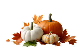 Pumpkins and autumn leaves on clear bg