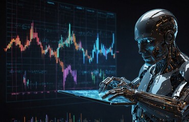 A futuristic android's metallic fingers delicately interact with holographic stock charts, illuminating the scene with glowing candlesticks. The vibrant display of advanced technology and financial 