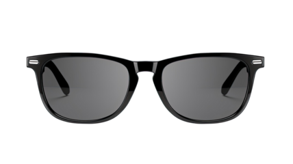 Black wayfarer style sunglasses with dark tinted lenses isolated on white background