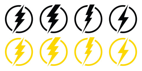 Lightning icon set, energy power sign, blitz lightnings symbol, vector illustration isolated on white background