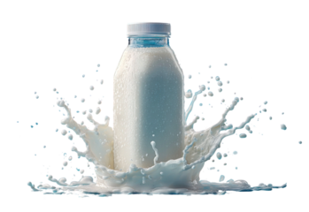 Fresh Milk Splash from Bottle in Mid-Air with White Creamy Liquid and Droplets Captured on Black Background for Nutrition and Dairy Themes