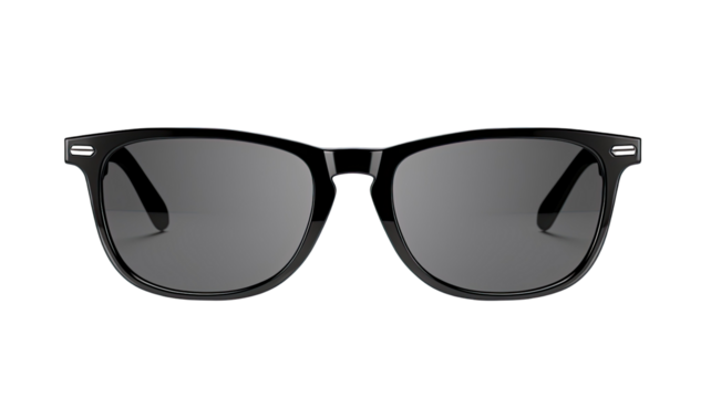 Black wayfarer style sunglasses with dark tinted lenses isolated on white background