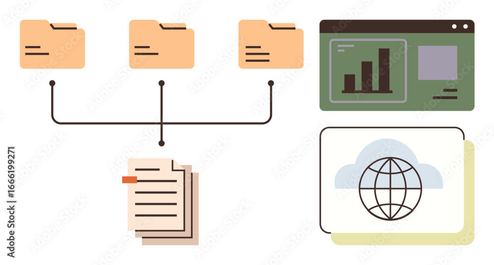 Poster file folders connected to documents, data visualization dashboard, and cloud globe symbol. ideal for
