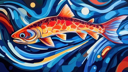 Vibrant stylized trout swimming in abstract water.