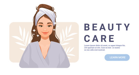 Beauty care woman spa towel glowing skin young female relaxing facial treatment robe leaves background wellness concept website banner