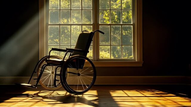 An empty wheelchair stands in the light, suggesting themes of disability, healthcare, and perhaps the hope for recovery shining through a nearby window.