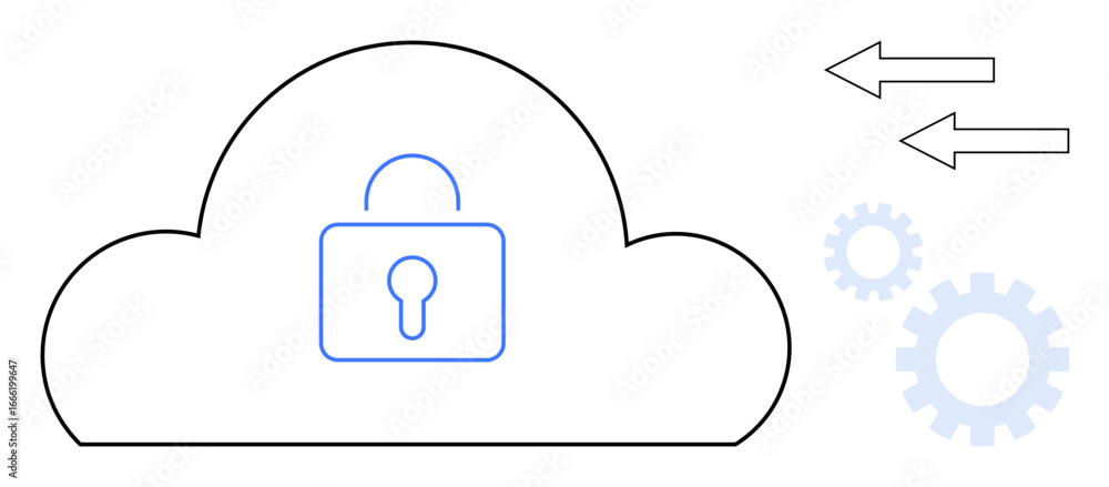 Poster cloud with a central padlock symbol, arrows representing data flow, and gears symbolizing system aut