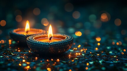 Two lit diyas with flickering flames on a dark reflective surface with bokeh lights oil lamp