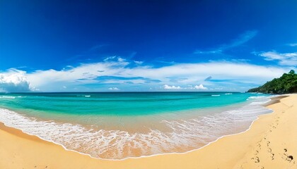 Obraz premium Beautiful beach with white sand, turquoise ocean water and blue sky with clouds in sunny day.jpg