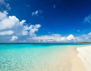 Obraz premium Beautiful beach with white sand, turquoise ocean water and blue sky with clouds in sunny day.jpg