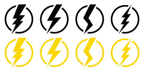 Lightning icon set, energy power sign, blitz lightnings symbol, vector illustration isolated on white background