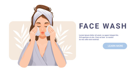 Woman facial cleansing skincare routine beauty wellness girl washing face with foam wearing headband bathroom background soft colors website banner