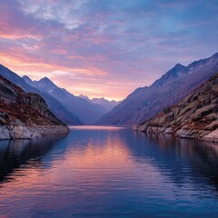 Mountain lake at sunrise, calm water reflecting vibrant sky