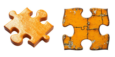 An orange textured puzzle piece with a rough surface, representing connection isolated on a transparent background