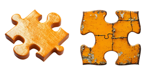 An orange textured puzzle piece with a rough surface, representing connection isolated on a transparent background