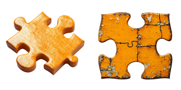 An orange textured puzzle piece with a rough surface, representing connection isolated on a transparent background - Powered by Adobe