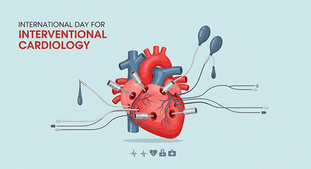 Flat vector infographic showing a healthy red heart connected to stents, balloons, and catheters, International Day for Interventional Cardiology