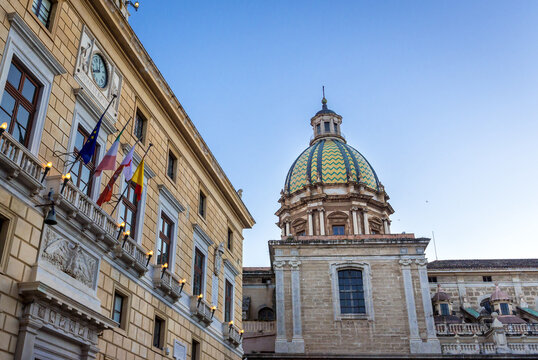 Church of San Giuseppe dei Teatini and Praetorian Palace located on Pretoria Square also known as Square of Shame in Palermo, Sicily in Italy