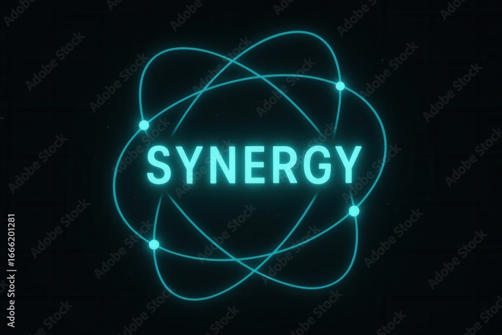 Aufkleber glowing 'synergy' text within an abstract network of lines and dots