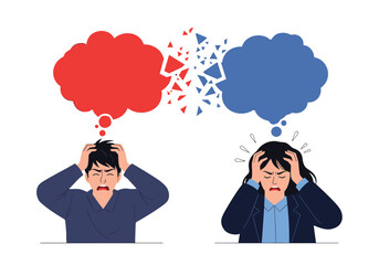 Two people experiencing stress and conflict with fragmenting thought bubbles