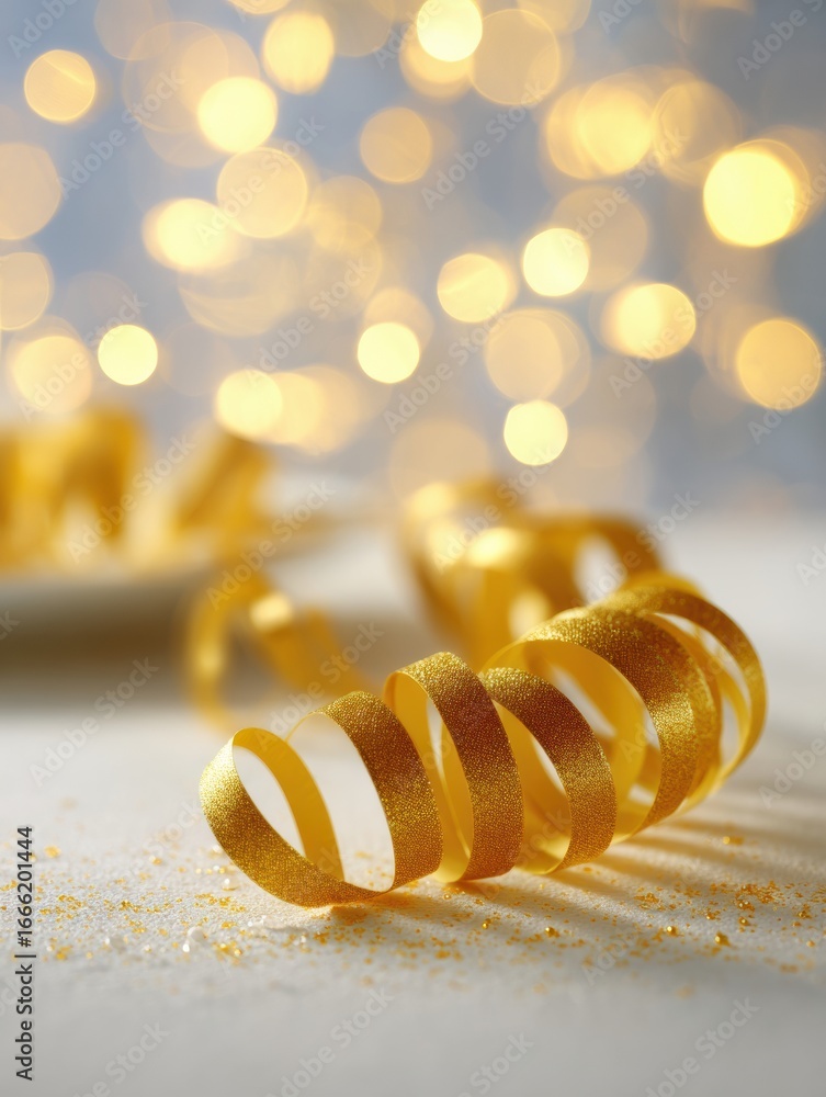 Poster golden ribbons curl on a table with a soft bokeh background creating a festive atmosphere for celebr