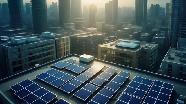 Aerial Cinematic View of Solar Panel Rooftop for Energy Saving