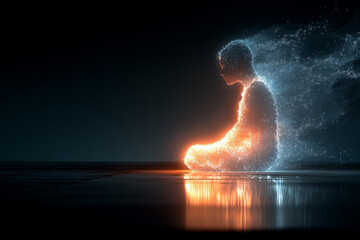 A spiritual person made of glowing light particles in deep meditation. A concept for mindfulness, consciousness exploration, life science, and human energy.