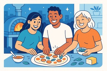 Friends happily making pizza together in cozy kitchen under night sky with city background and brick oven glowing with warm firelight. Ai generative