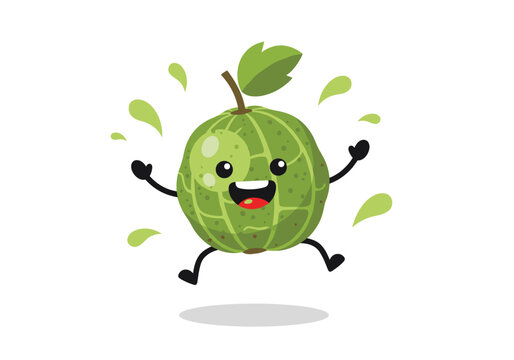 Happy cartoon gooseberry character jumping with joy and splashing juice