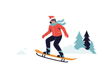 Young woman snowboarding down a snowy hill in a winter forest wearing a santa hat and scarf