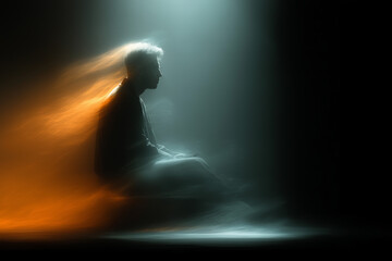 A serene woman's face blending with blue and gold abstract energy. A concept for tranquility, the soul, and the gentle power of the mind.