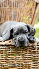 A gray Great Dane puppy rests peacefully on a woven wicker chair.