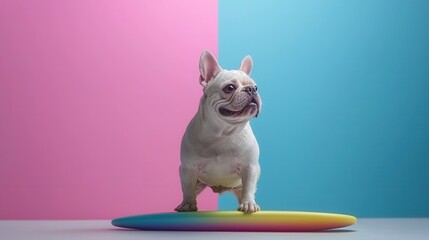 international dog day. Playful dog on a colorful surfboard against vibrant background.