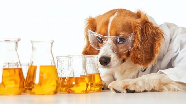 international dog day. Dog in lab coat examining colorful liquids in glass beakers.