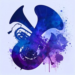 A vibrant, artistic illustration of a tuba, rendered in shades of blue and purple, set against a light background.