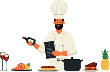 chef with a menu and wine bottle 