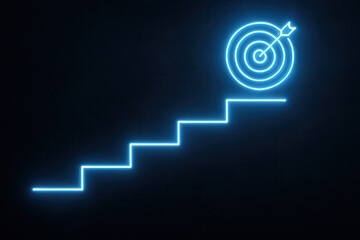Success business success achievement goal setting leadership motivation personal growth concept with neon stairs and target symbol glowing on dark background