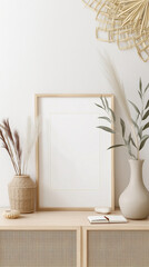 Minimalist interior mockup showcases a blank poster with natural decor elements and textures