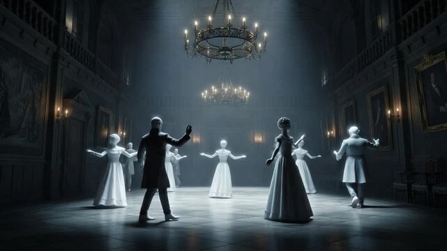 Ethereal ballroom scene with dancers in a grand, historic setting