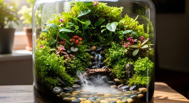 Miniature garden terrarium with waterfall and diverse plants in glass container. Indoor ecosystem, nature in small space. Decorative home decor for biophilic design