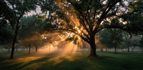 Golden sunrise rays through misty trees in a park