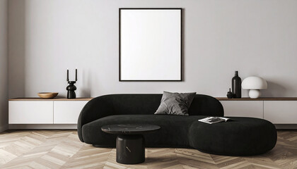 Modern Living Room: A minimalist, sophisticated interior with a stylish black sofa, a blank canvas for personalized art, and sleek furniture, showcasing contemporary elegance.