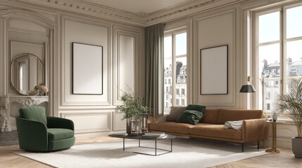 Elegant Living Room Interior with Large Windows and Classic Decor