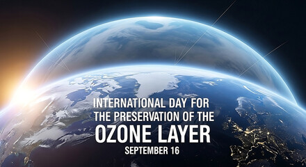 Poster-style design showing the ozone layer as a transparent dome above Earth, International Day for the Preservation of the Ozone Layer – September 16
