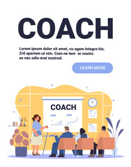 Coach business training seminar woman presenting graphs to audience classroom setting charts plants modern office workspace website banner