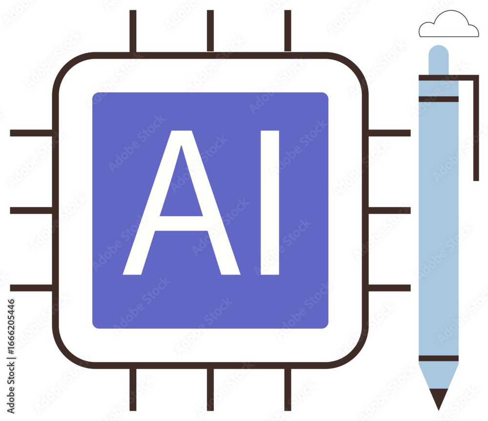 Poster ai processor chip with circuit lines and digital pen alongside a cloud element. ideal for technology