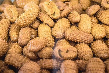 Close up on a type of Arabic sweets Maakaroun in sweet shop in Lebanon