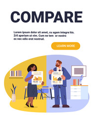 Compare business analysis teamwork charts office workspace diverse professionals holding reports colorful background website banner